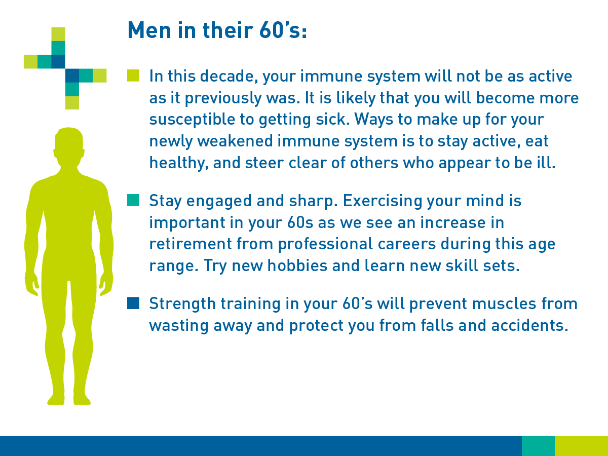 Men in their 60s: In this decade, your immune system will not be as active as it previously was. It is likely that you will become more susceptible to getting sick. Ways to make up for your newly weakened immune system is to stay active, eat healthy, and steer clear of others who appear to be ill. Stay engaged and sharp. Exercising your mind is important in your 60s as we see an increase in retirement from professional careers during this age range. Try new hobbies and learn new skillsets. Strength training in your 60s will prevent muscles from wasting away and protect you from falls and accidents.